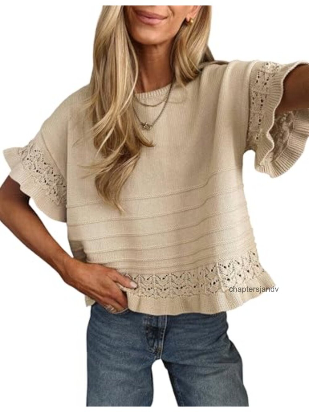 Women's Short Sleeve Knit Sweater Ruffled Hem Pullover Blouse Summer Casual Top